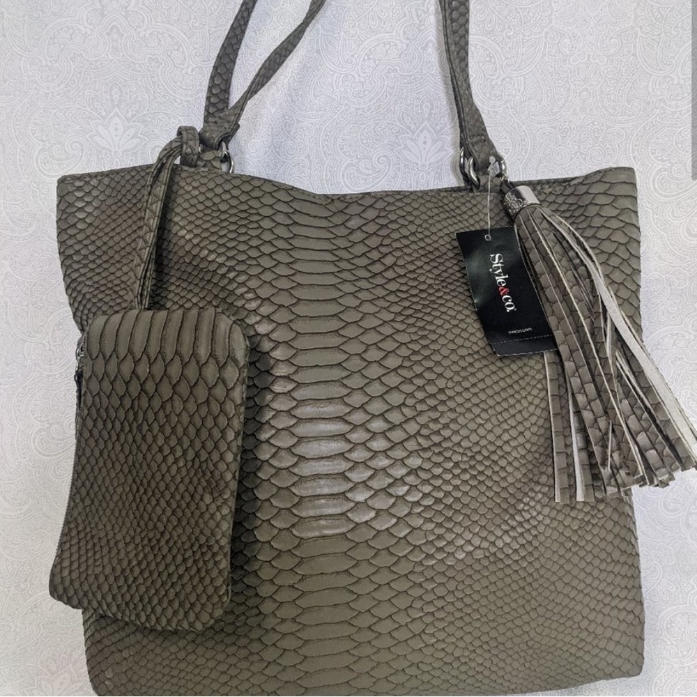 NEW! STYLE & CO Brandy Tasseled Tote Bag and Pouch in Python Gray